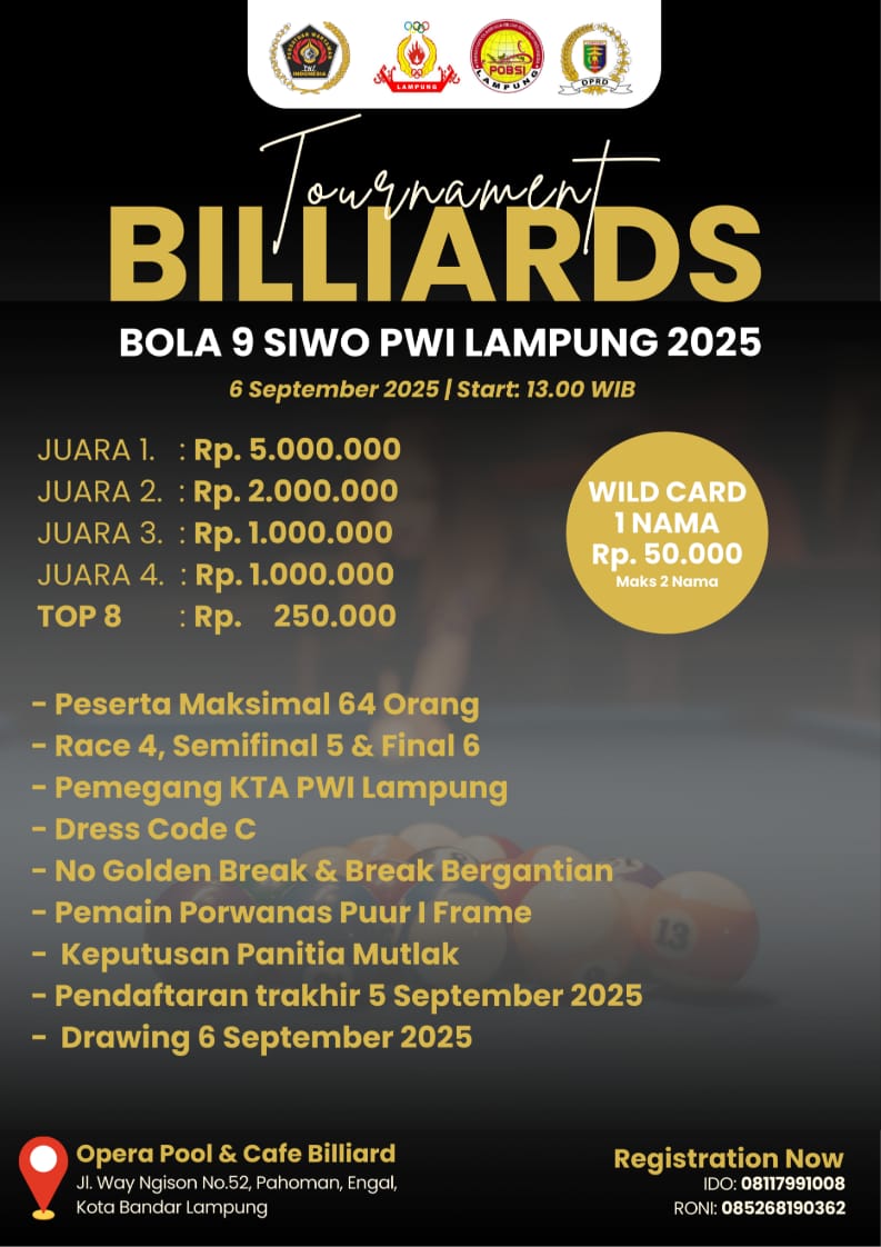 SIWO PWI Lampung Akan Gelar Turnamen Biliar Bola 9 Antar Wartawan
